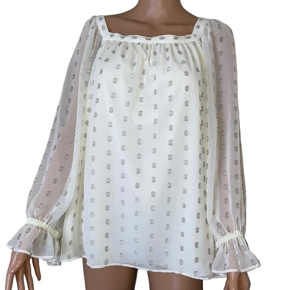 Talbots blouse top long sleeve polka dot white semi sheer trumpet sleeve SZ 2XP - Picture 1 of 10